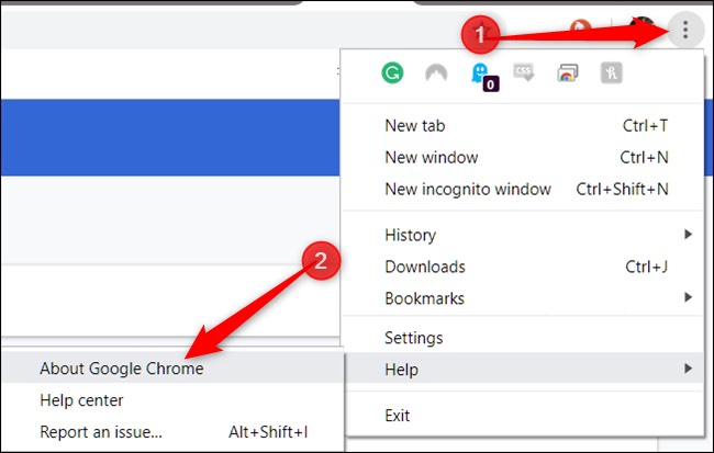 Screenshot of where to find the "About Google Chrome" option